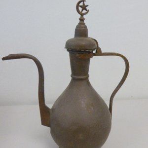 Antique middle eastern metal copper brass coffee tea pot tall hand made 14.5"